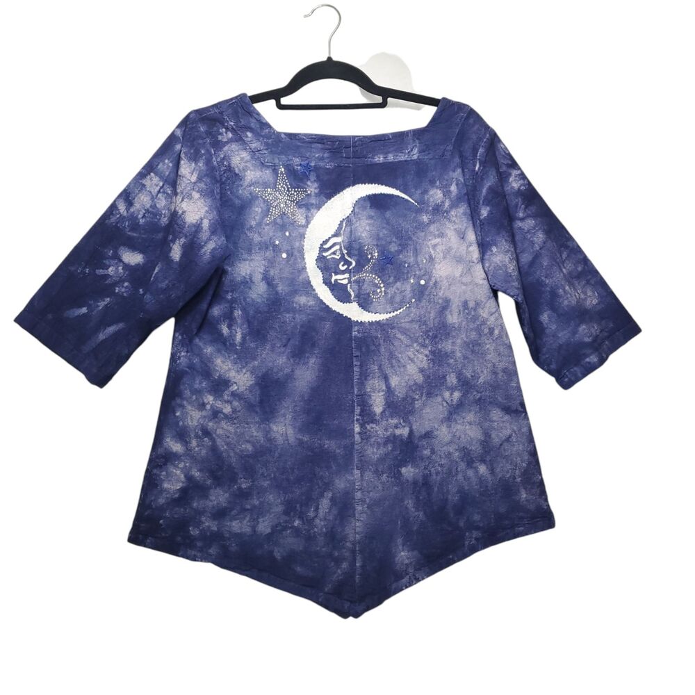 S Batik Tie Dye Sun Moon Blouse Square Neck 3/4 Sleeve Indigo Blue Celestial - Picture 2 of 10